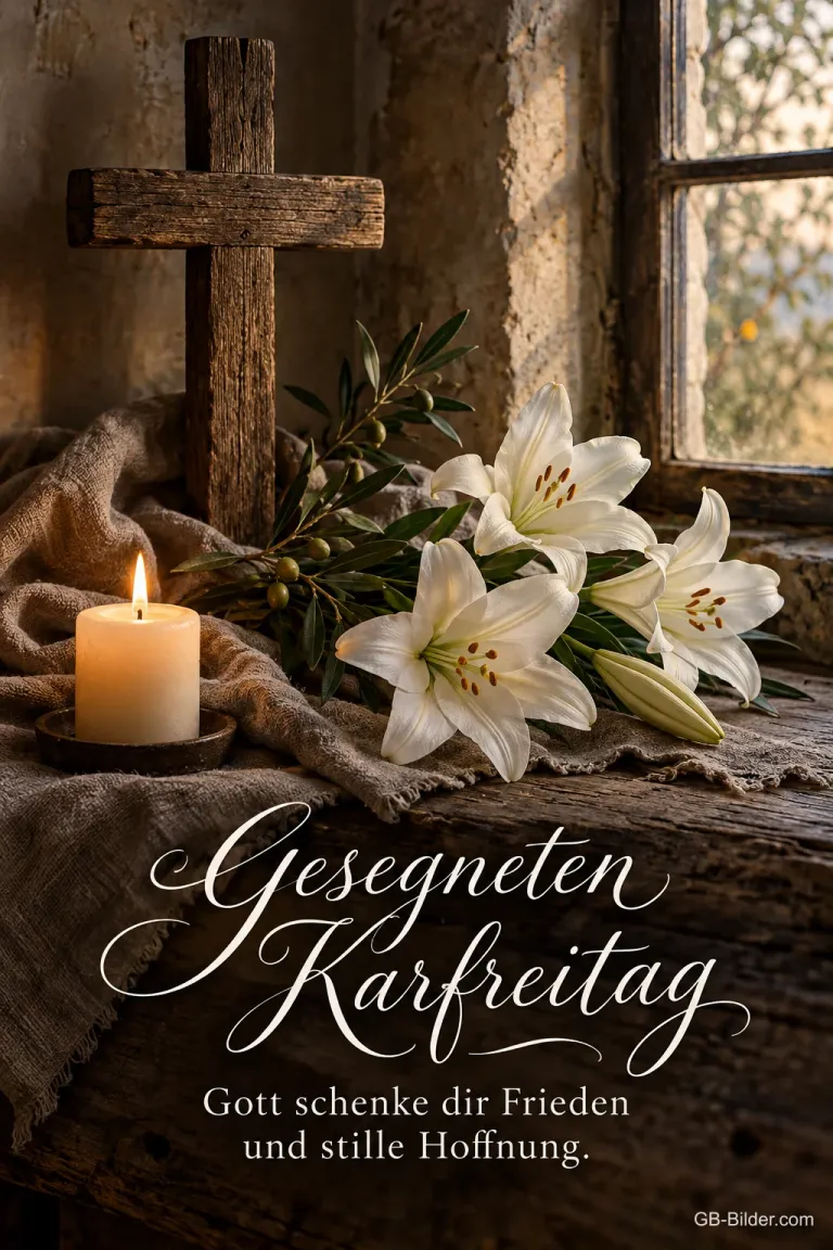 Holzkreuz, Kerze und Lilien am Fenster, Text: Gesegneten Karfreitag