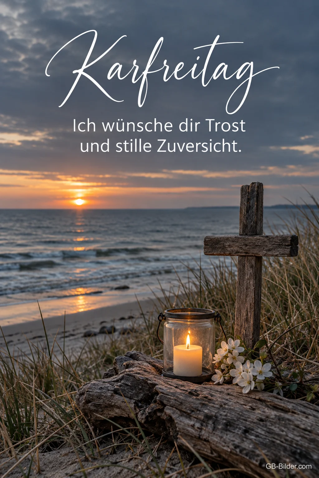 Holzkreuz und Laterne in den Dünen, Text: Karfreitag – Ich wünsche dir Trost und stille Zuversicht. Holzkreuz und Laterne in den Dünen, Text: Karfreitag – Ich wünsche dir Trost und stille Zuversicht.