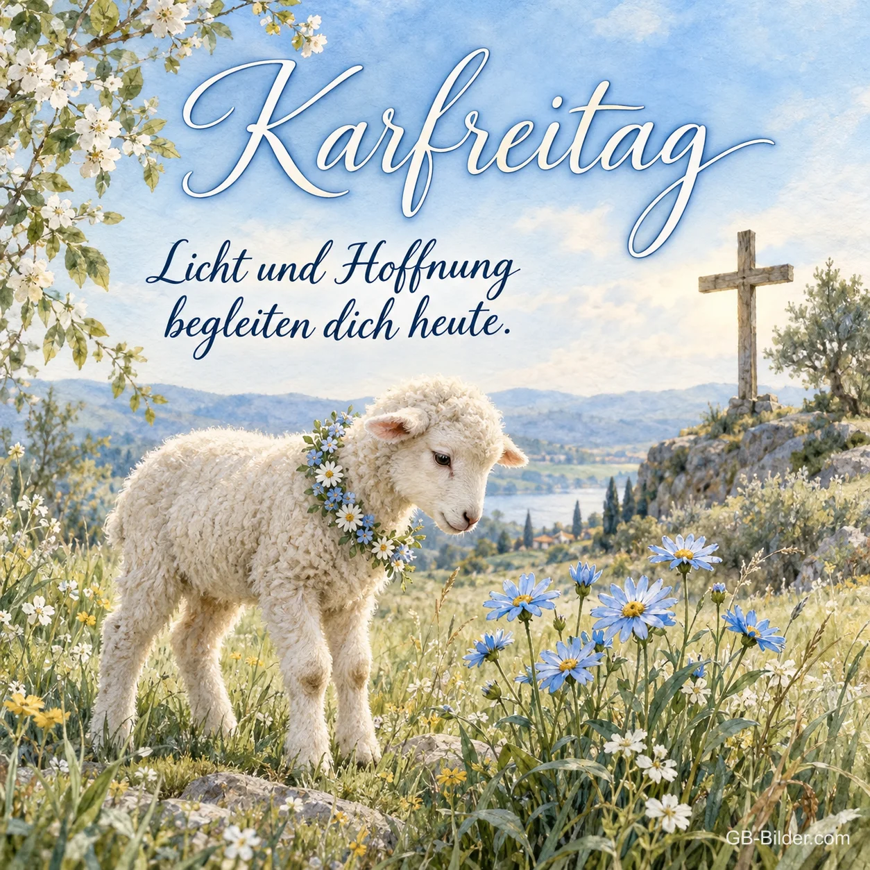 Lamm mit Blumenkranz auf einer Wiese, Text: Karfreitag – Licht und Hoffnung begleiten dich heute. Lamm mit Blumenkranz auf einer Wiese, Text: Karfreitag – Licht und Hoffnung begleiten dich heute.