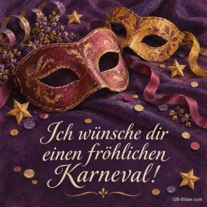 Karnevalsmasken auf lila Samt, Text: Ich wünsche dir einen fröhlichen Karneval!