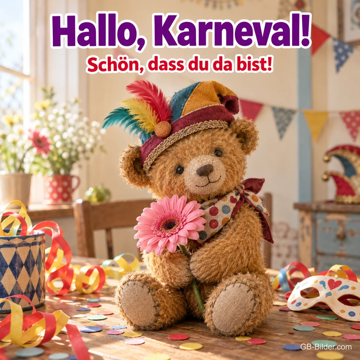 Teddybär mit Narrenkappe zwischen Luftschlangen, Text: Hallo, Karneval! Schön, dass du da bist! Teddybär mit Narrenkappe zwischen Luftschlangen, Text: Hallo, Karneval! Schön, dass du da bist!