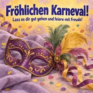 Lila Federmaske mit Konfetti, Text: Fröhlichen Karneval! Lass es dir gut gehen und feiere mit Freude!