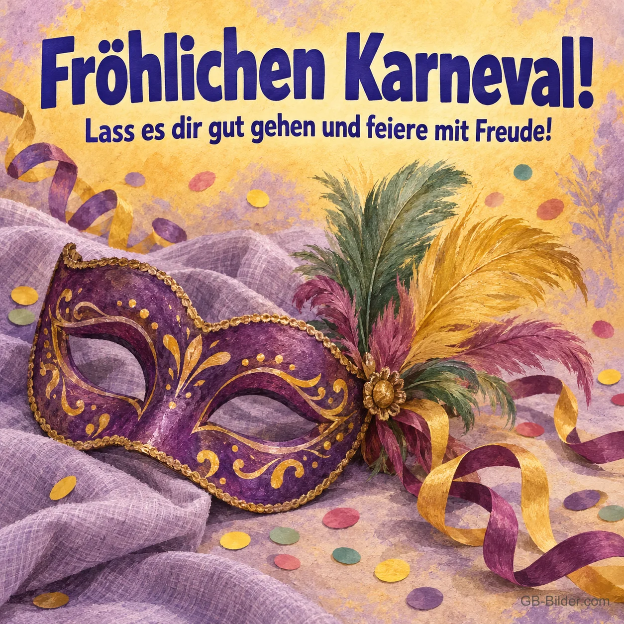 Lila Federmaske mit Konfetti, Text: Fröhlichen Karneval! Lass es dir gut gehen und feiere mit Freude! Lila Federmaske mit Konfetti, Text: Fröhlichen Karneval! Lass es dir gut gehen und feiere mit Freude!