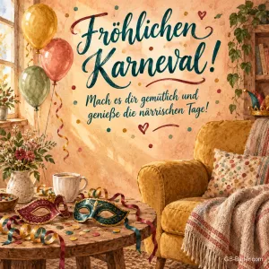 Karnevalsdeko im gemütlichen Wohnzimmer, Text: Fröhlichen Karneval! Genieße die närrischen Tage!