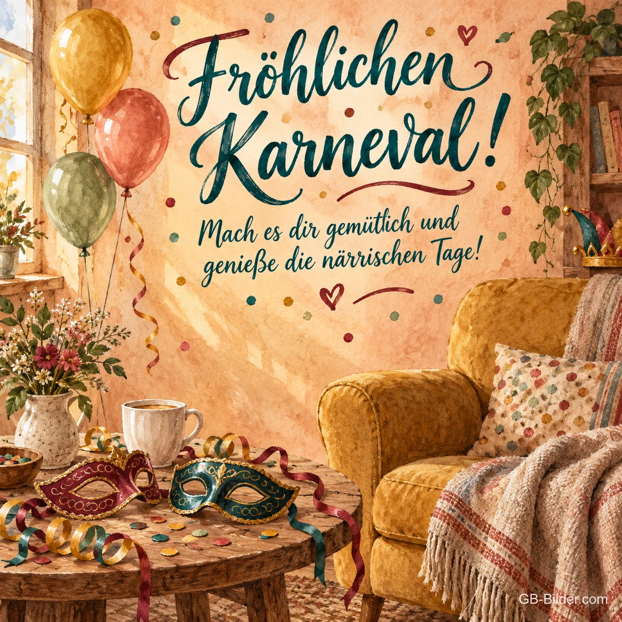 Karnevalsdeko im gemütlichen Wohnzimmer, Text: Fröhlichen Karneval! Genieße die närrischen Tage! Karnevalsdeko im gemütlichen Wohnzimmer, Text: Fröhlichen Karneval! Genieße die närrischen Tage!