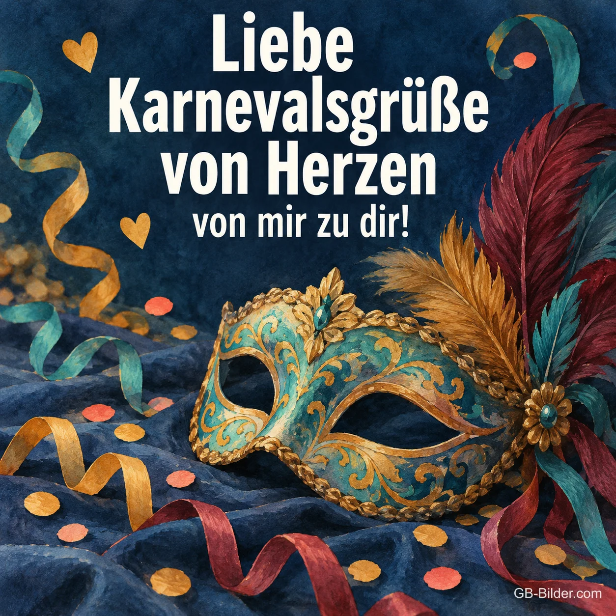 Türkise Federmaske mit Luftschlangen, Text: Liebe Karnevalsgrüße von Herzen von mir zu dir! Türkise Federmaske mit Luftschlangen, Text: Liebe Karnevalsgrüße von Herzen von mir zu dir!