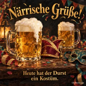 Zwei Bierkrüge mit Narrenkappe, Text: Närrische Grüße! Heute hat der Durst ein Kostüm.