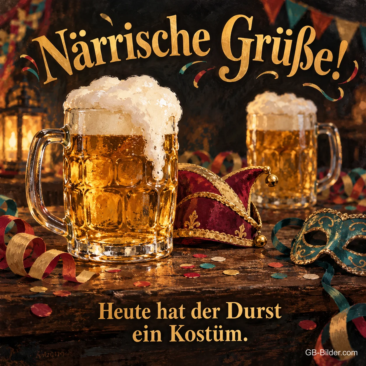 Zwei Bierkrüge mit Narrenkappe, Text: Närrische Grüße! Heute hat der Durst ein Kostüm. Zwei Bierkrüge mit Narrenkappe, Text: Närrische Grüße! Heute hat der Durst ein Kostüm.