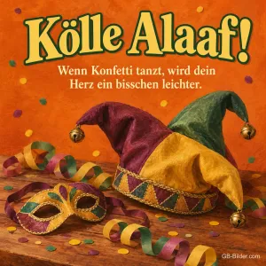 Narrenkappe und Maske mit Luftschlangen, Text: Kölle Alaaf! Wenn Konfetti tanzt, wird dein Herz ein bisschen leichter.