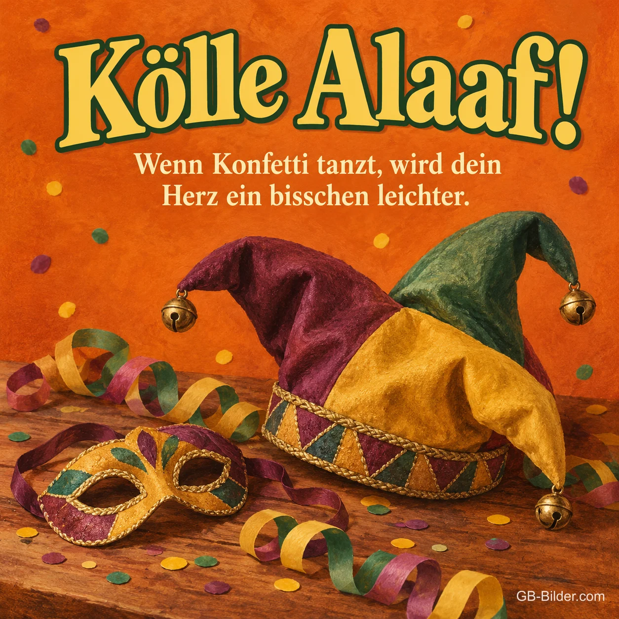 Narrenkappe und Maske mit Luftschlangen, Text: Kölle Alaaf! Wenn Konfetti tanzt, wird dein Herz ein bisschen leichter. Narrenkappe und Maske mit Luftschlangen, Text: Kölle Alaaf! Wenn Konfetti tanzt, wird dein Herz ein bisschen leichter.