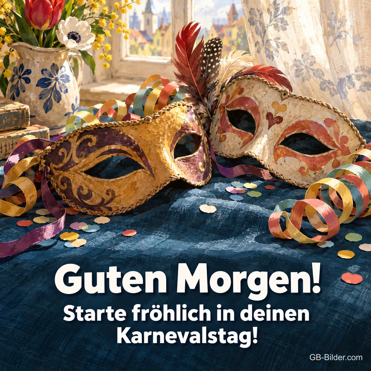 Zwei Karnevalsmasken am Fenster, Text: Guten Morgen! Starte fröhlich in deinen Karnevalstag! Zwei Karnevalsmasken am Fenster, Text: Guten Morgen! Starte fröhlich in deinen Karnevalstag!