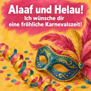 Federmaske mit Luftschlangen in Aquarell, Text: Alaaf und Helau! Eine fröhliche Karnevalszeit!