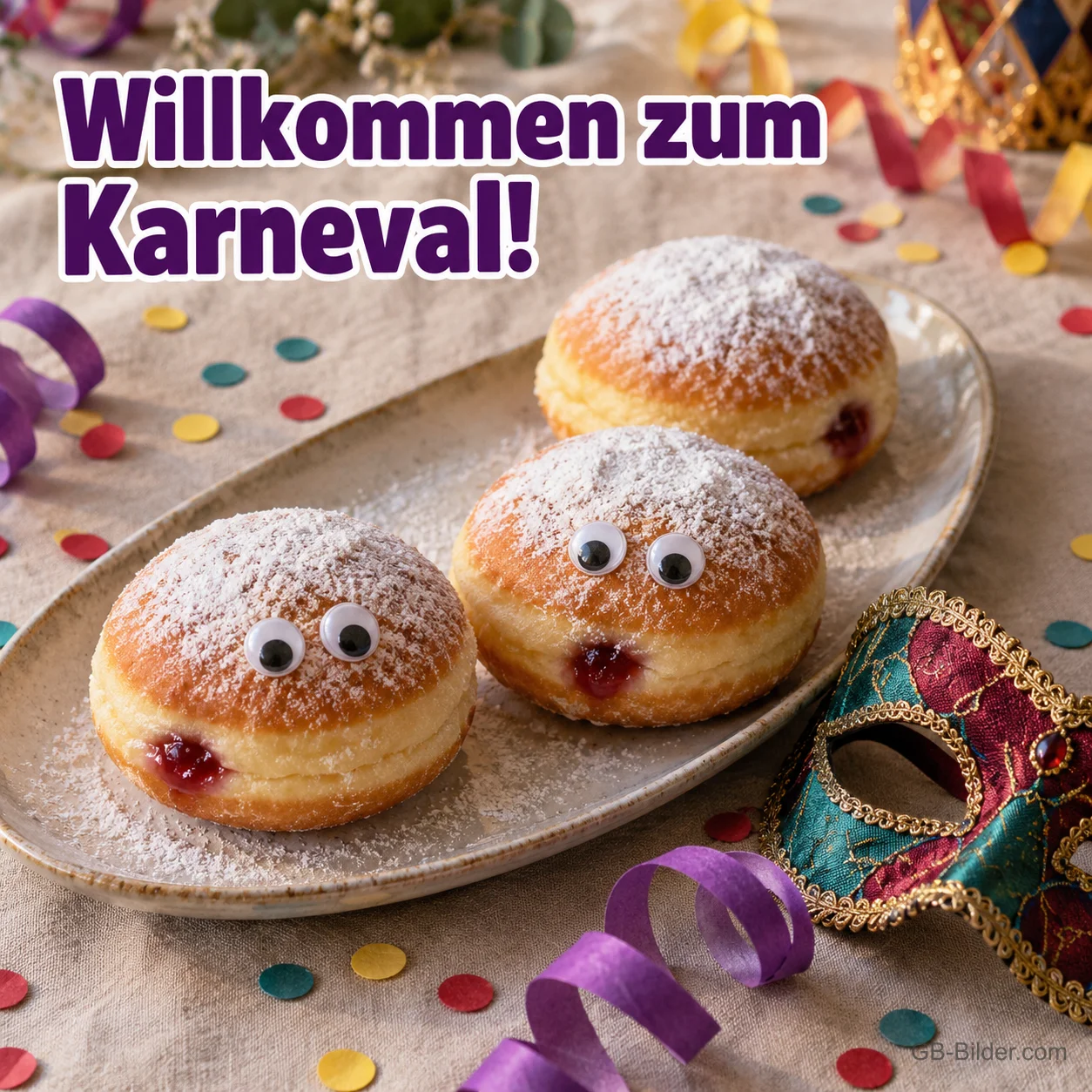 Berliner mit Wackelaugen und Karnevalsmaske, Text: Willkommen zum Karneval! Berliner mit Wackelaugen und Karnevalsmaske, Text: Willkommen zum Karneval!