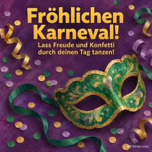 Grüne Maske auf lila Stoff mit Konfetti, Text: Fröhlichen Karneval! Lass Freude und Konfetti durch deinen Tag tanzen!