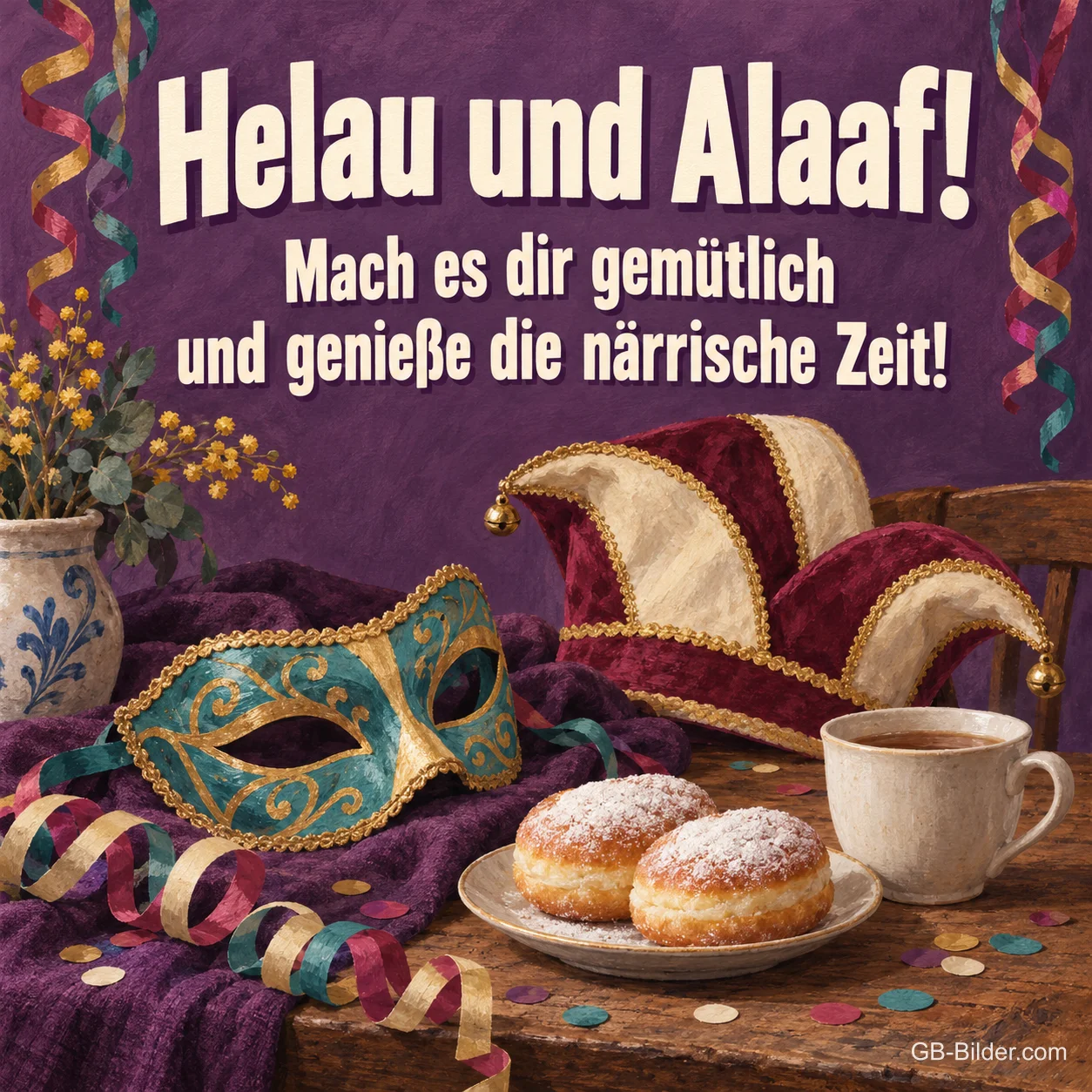 Narrenkappe, Maske und Berliner auf dem Tisch, Text: Helau und Alaaf! Genieße die närrische Zeit! Narrenkappe, Maske und Berliner auf dem Tisch, Text: Helau und Alaaf! Genieße die närrische Zeit!