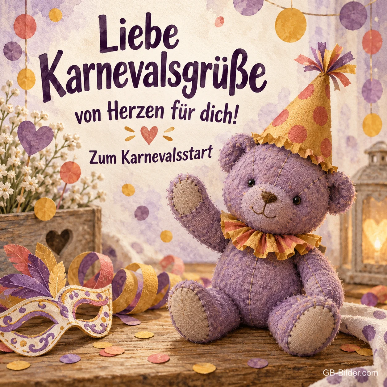 Lila Teddybär mit Partyhut zwischen Masken, Text: Liebe Karnevalsgrüße von Herzen für dich! Lila Teddybär mit Partyhut zwischen Masken, Text: Liebe Karnevalsgrüße von Herzen für dich!