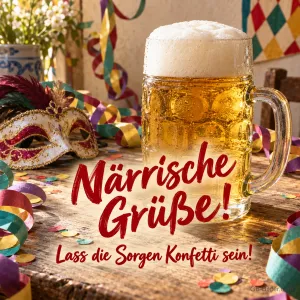Bierkrug mit Maske und Luftschlangen, Text: Närrische Grüße! Lass die Sorgen Konfetti sein!