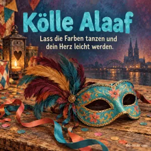Federmaske vor dem Kölner Dom bei Nacht, Text: Kölle Alaaf – Lass die Farben tanzen