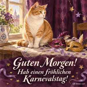 Rote Katze neben Karnevalsmasken am Fenster, Text: Guten Morgen! Hab einen fröhlichen Karnevalstag!