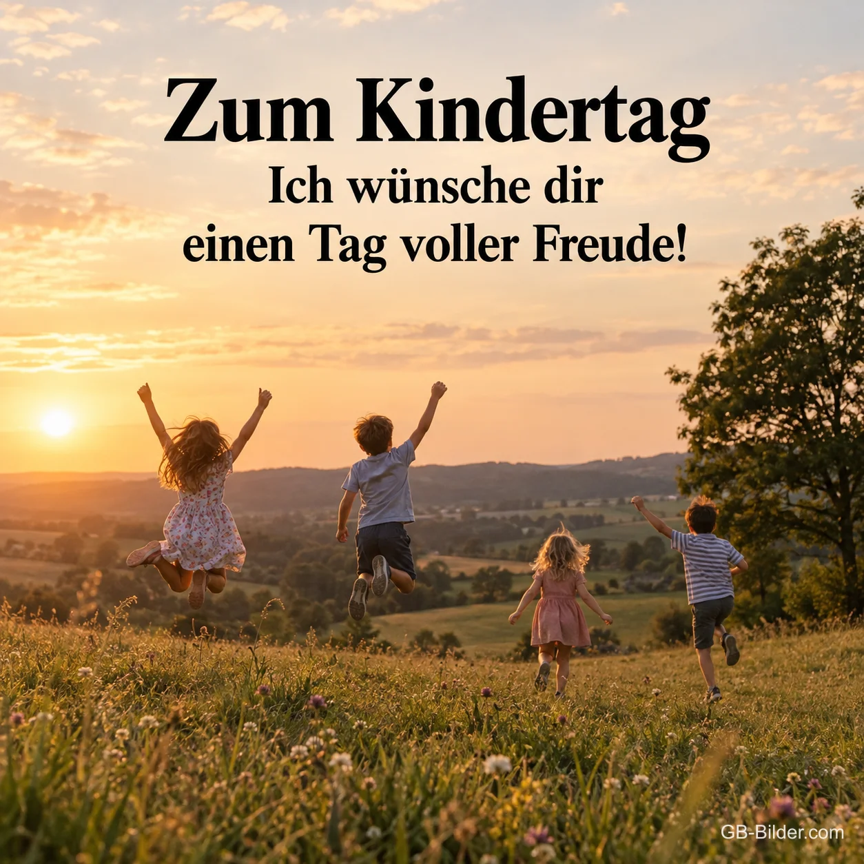 Springende Kinder auf einer Wiese, Text: Zum Kindertag – Ich wünsche dir einen Tag voller Freude! Springende Kinder auf einer Wiese, Text: Zum Kindertag – Ich wünsche dir einen Tag voller Freude!