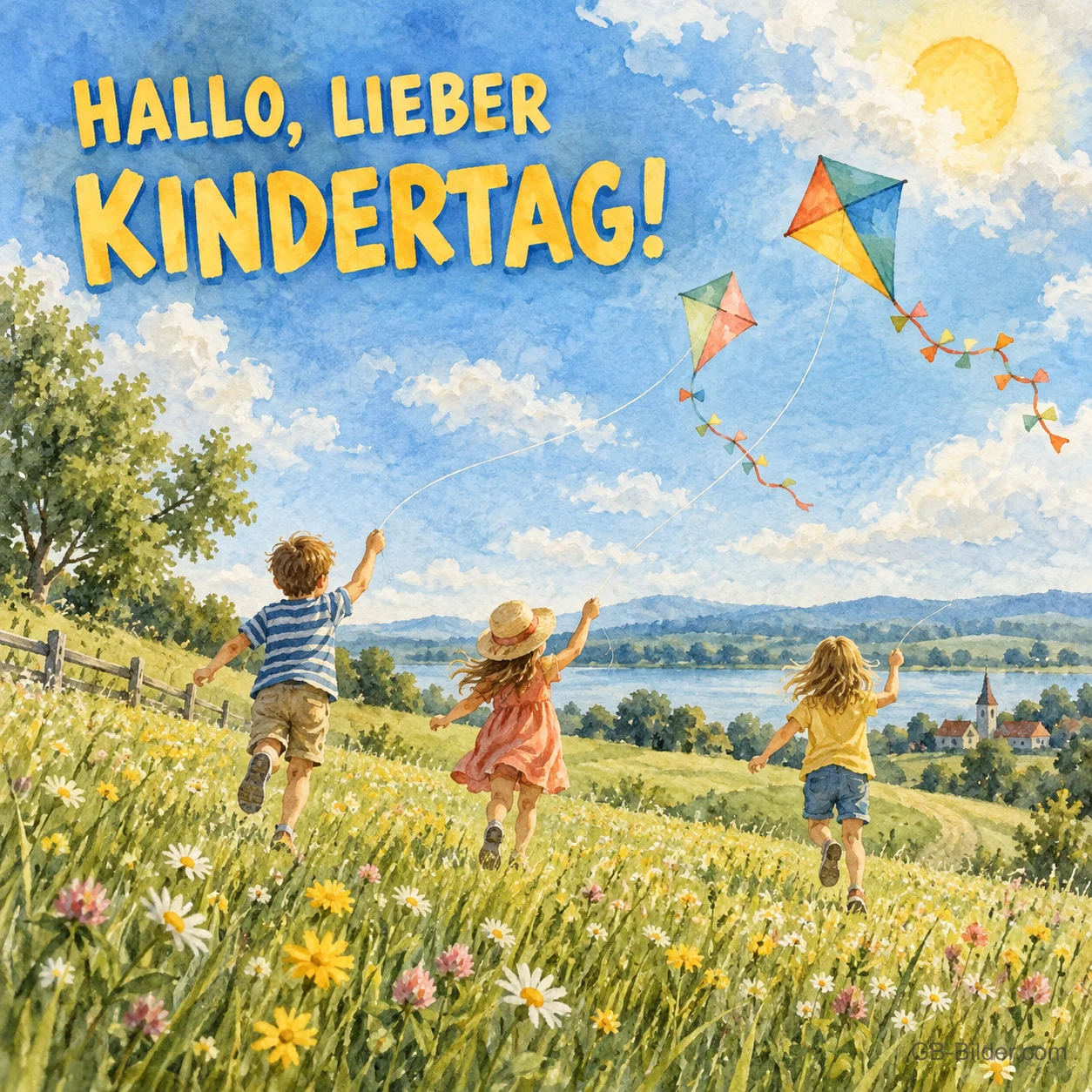 Kinder mit Drachen auf einer Wiese, Text: Hallo, lieber Kindertag! Kinder mit Drachen auf einer Wiese, Text: Hallo, lieber Kindertag!
