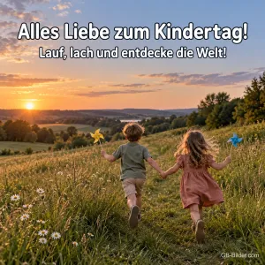 Zwei Kinder Hand in Hand auf einer Wiese, Text: Alles Liebe zum Kindertag!