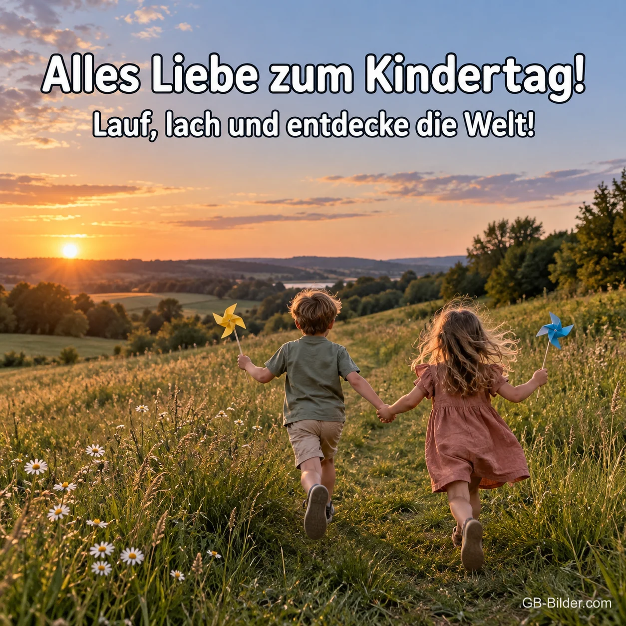 Zwei Kinder Hand in Hand auf einer Wiese, Text: Alles Liebe zum Kindertag! Zwei Kinder Hand in Hand auf einer Wiese, Text: Alles Liebe zum Kindertag!