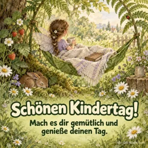 Mädchen mit Feenflügeln in einer Hängematte, Text: Schönen Kindertag!