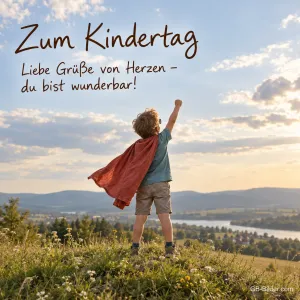 Junge mit Umhang reckt die Faust, Text: Zum Kindertag – du bist wunderbar!