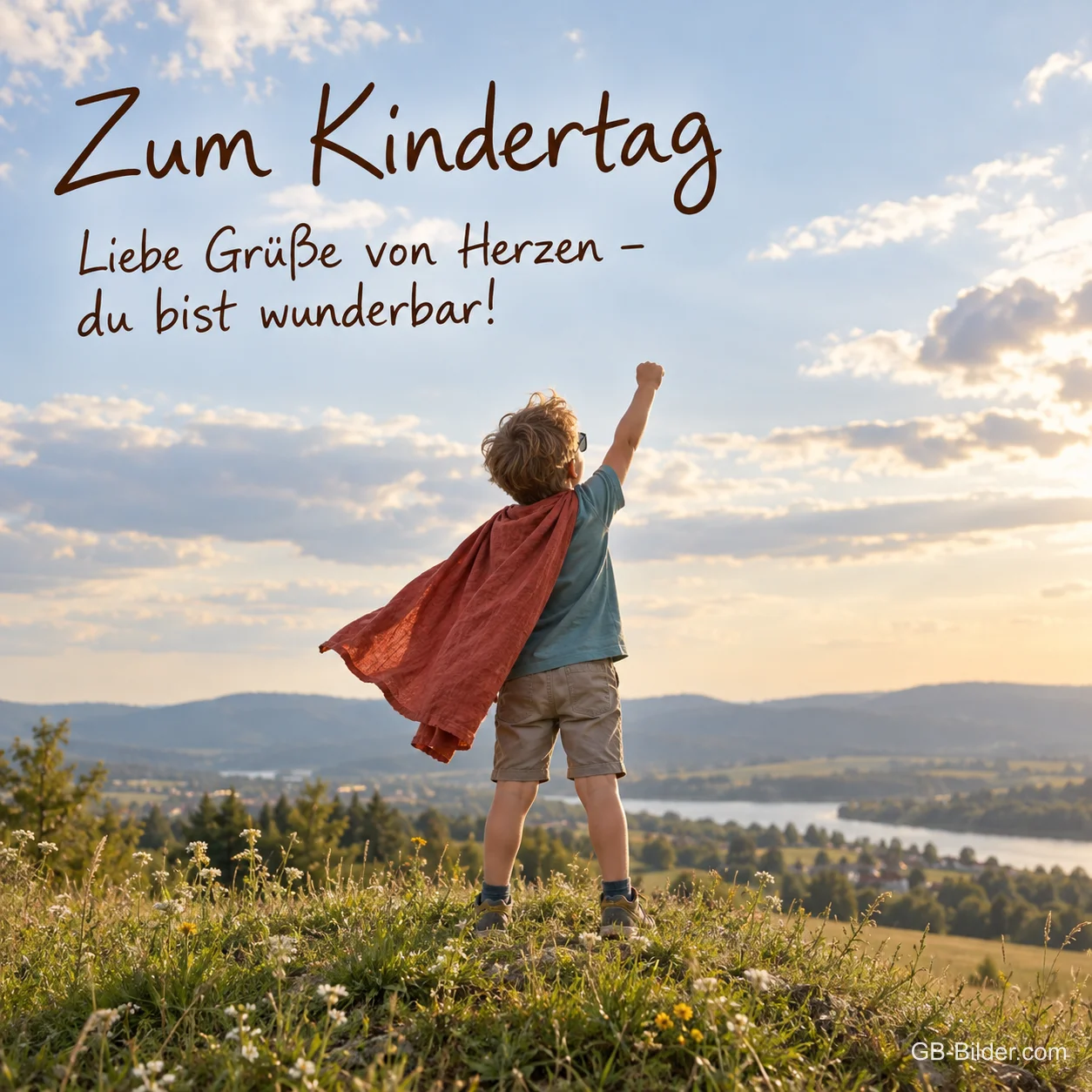 Junge mit Umhang reckt die Faust, Text: Zum Kindertag – du bist wunderbar! Junge mit Umhang reckt die Faust, Text: Zum Kindertag – du bist wunderbar!