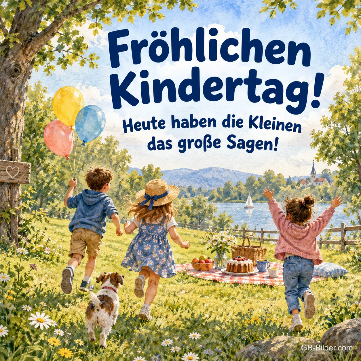 Kinder mit Luftballons und Hund am See, Text: Fröhlichen Kindertag! Kinder mit Luftballons und Hund am See, Text: Fröhlichen Kindertag!