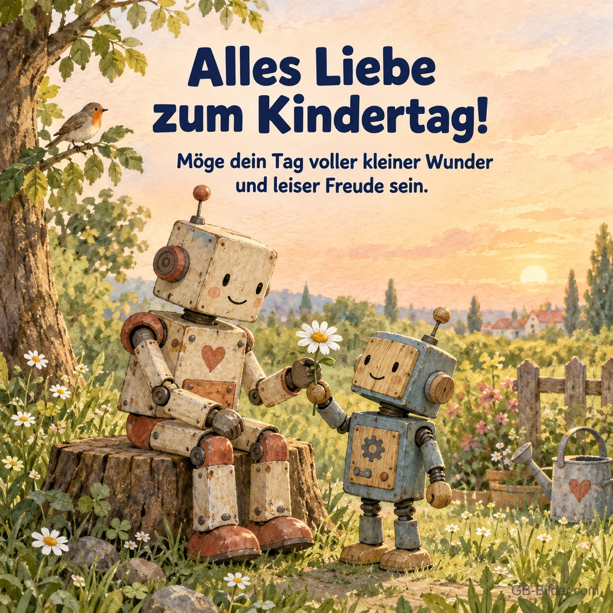 Zwei Holzroboter mit Blume im Garten, Text: Alles Liebe zum Kindertag! Zwei Holzroboter mit Blume im Garten, Text: Alles Liebe zum Kindertag!