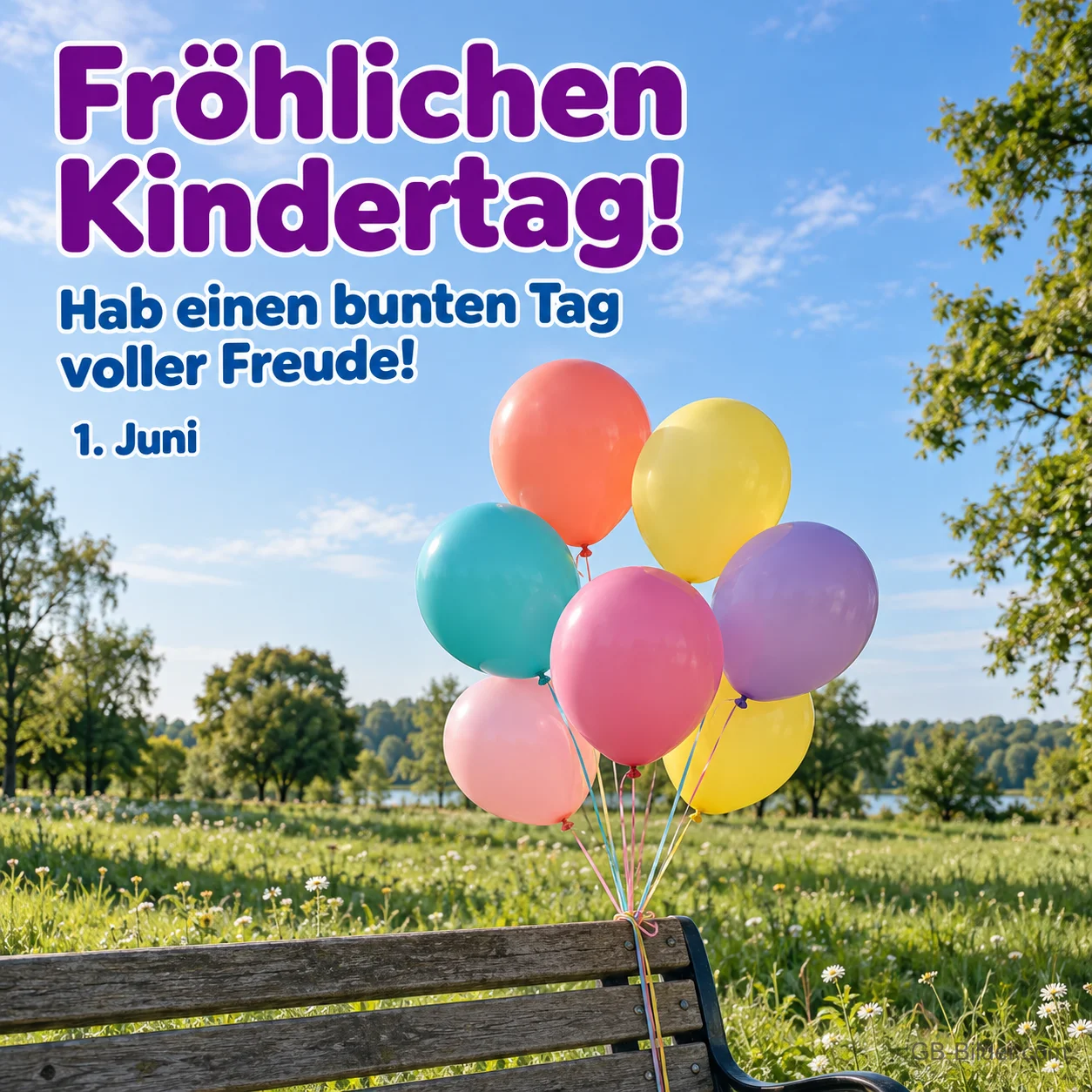Bunte Luftballons an einer Parkbank, Text: Fröhlichen Kindertag! 1. Juni Bunte Luftballons an einer Parkbank, Text: Fröhlichen Kindertag! 1. Juni