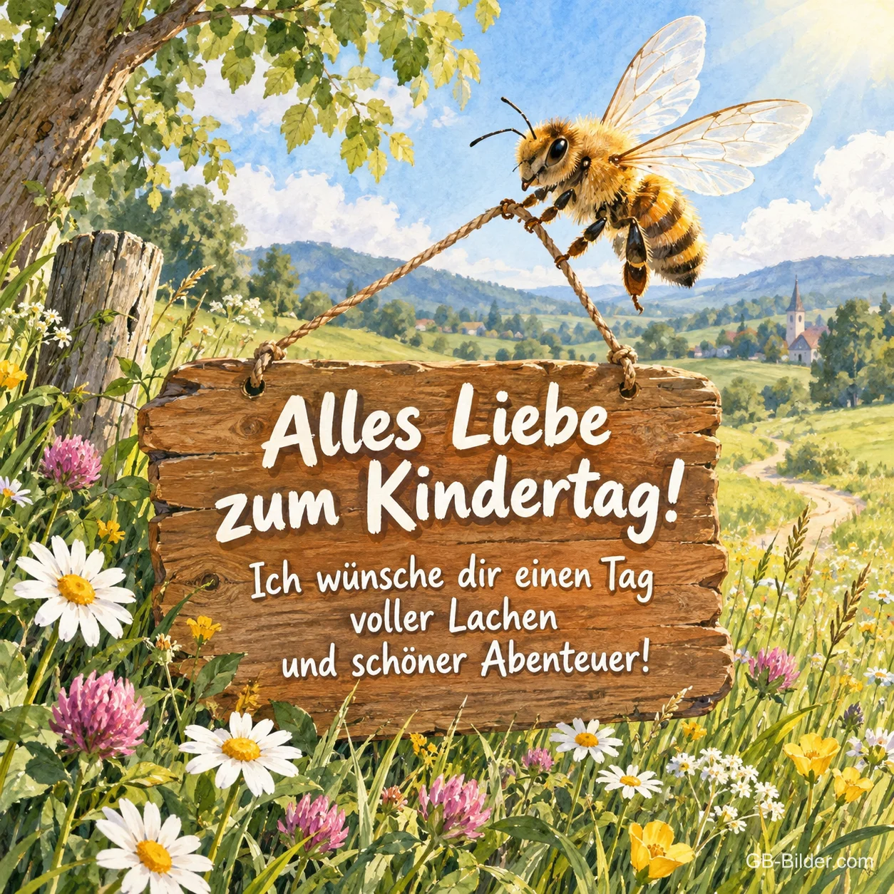 Biene mit Holzschild über einer Wiese, Text: Alles Liebe zum Kindertag! Biene mit Holzschild über einer Wiese, Text: Alles Liebe zum Kindertag!