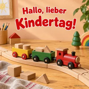 Holzeisenbahn mit Bauklötzen, Text: Hallo, lieber Kindertag!