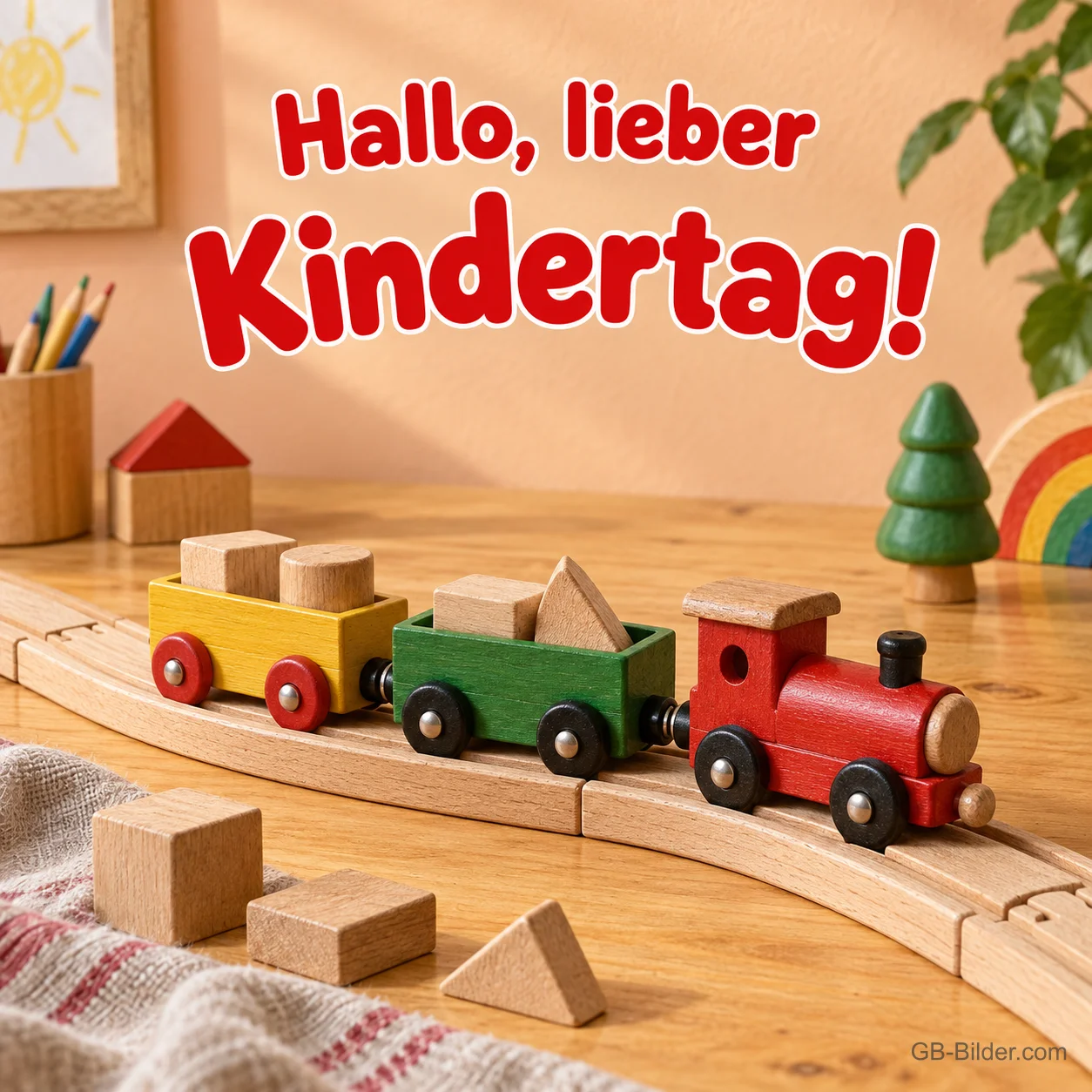 Holzeisenbahn mit Bauklötzen, Text: Hallo, lieber Kindertag! Holzeisenbahn mit Bauklötzen, Text: Hallo, lieber Kindertag!