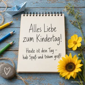 Notizblock mit Buntstiften und Sonnenblumen, Text: Alles Liebe zum Kindertag!