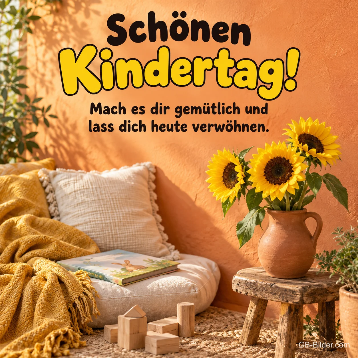 Gemütliche Leseecke mit Sonnenblumen, Text: Schönen Kindertag! Gemütliche Leseecke mit Sonnenblumen, Text: Schönen Kindertag!