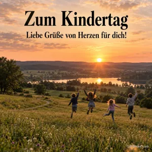 Kinder rennen über eine Wiese im Sonnenuntergang, Text: Zum Kindertag – Liebe Grüße von Herzen