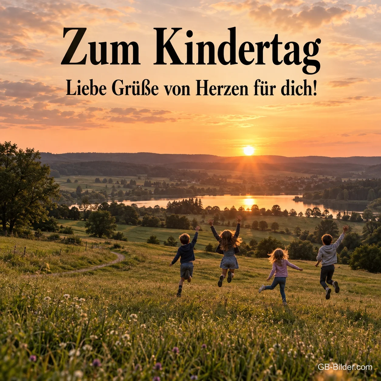 Kinder rennen über eine Wiese im Sonnenuntergang, Text: Zum Kindertag – Liebe Grüße von Herzen Kinder rennen über eine Wiese im Sonnenuntergang, Text: Zum Kindertag – Liebe Grüße von Herzen