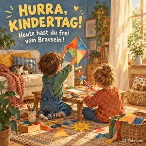 Kinder basteln einen Drachen, Text: Hurra, Kindertag! Heute hast du frei vom Bravsein!