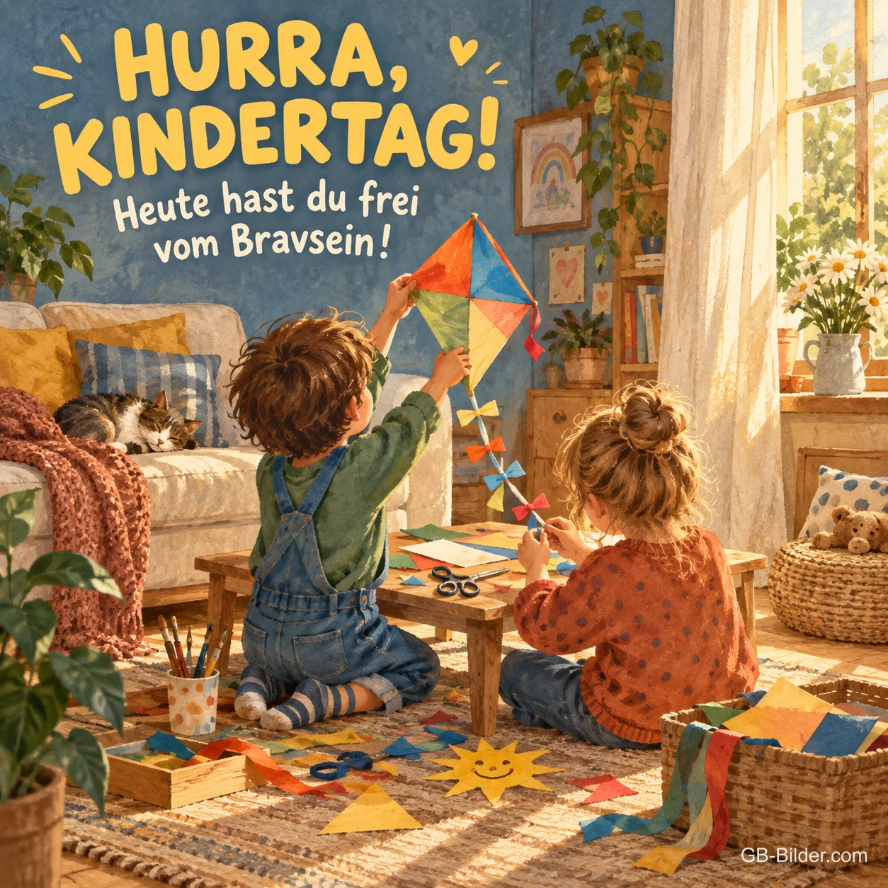 Kinder basteln einen Drachen, Text: Hurra, Kindertag! Heute hast du frei vom Bravsein! Kinder basteln einen Drachen, Text: Hurra, Kindertag! Heute hast du frei vom Bravsein!