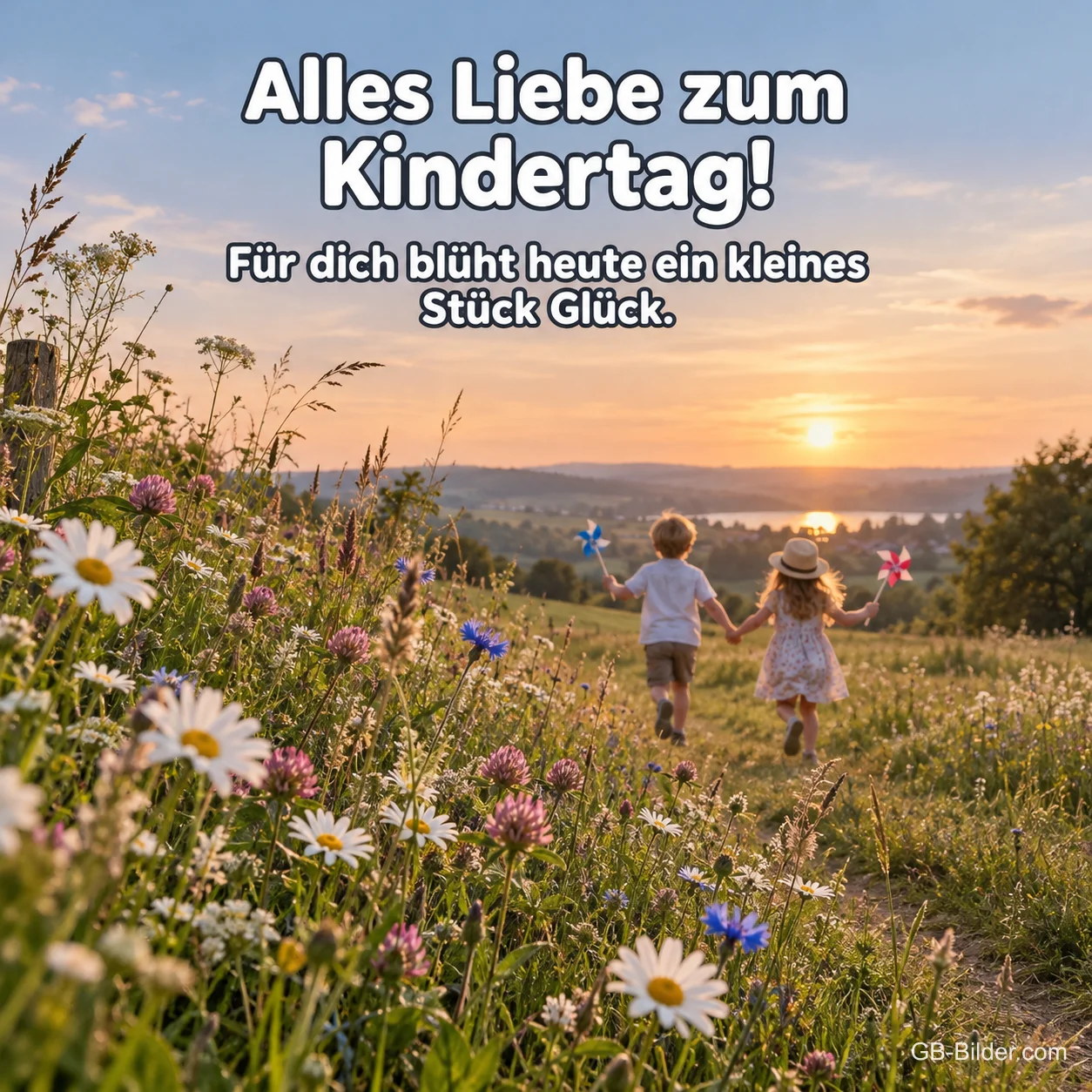 Zwei Kinder mit Windrädern auf einer Blumenwiese, Text: Alles Liebe zum Kindertag! Zwei Kinder mit Windrädern auf einer Blumenwiese, Text: Alles Liebe zum Kindertag!