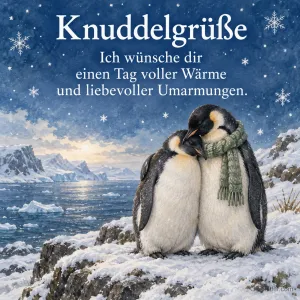 Zwei kuschelnde Pinguine im Schnee, Text: Knuddelgrüße