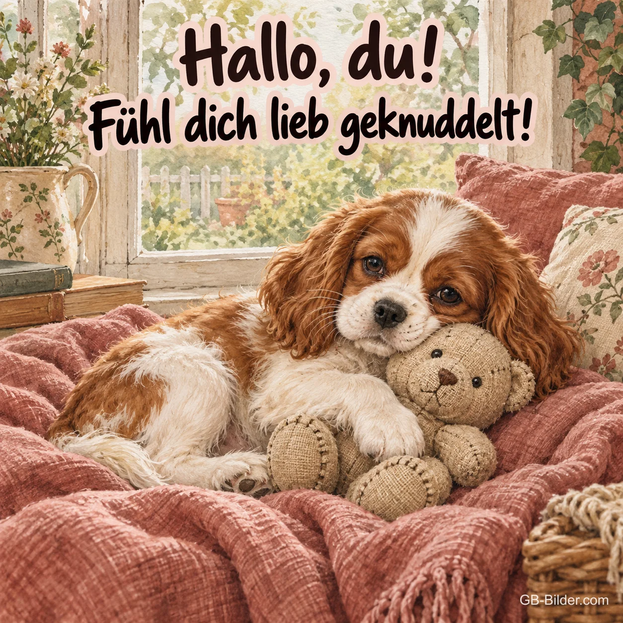 Welpe mit Teddybär auf einer Decke, Text: Hallo, du! Fühl dich lieb geknuddelt! Welpe mit Teddybär auf einer Decke, Text: Hallo, du! Fühl dich lieb geknuddelt!