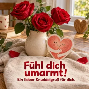 Rote Rosen und ein umarmendes Herz, Text: Fühl dich umarmt!