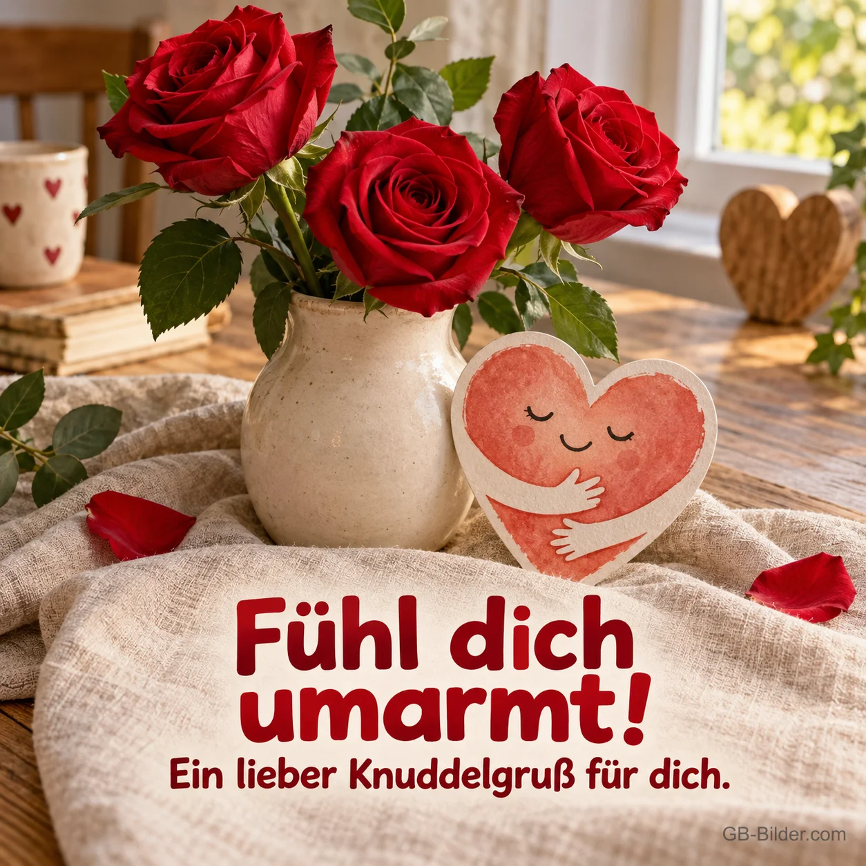 Rote Rosen und ein umarmendes Herz, Text: Fühl dich umarmt! Rote Rosen und ein umarmendes Herz, Text: Fühl dich umarmt!