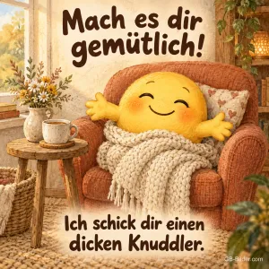 Smiley im Sessel mit Decke, Text: Mach es dir gemütlich! Ich schick dir einen dicken Knuddler.