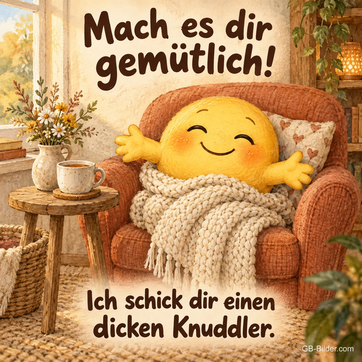 Smiley im Sessel mit Decke, Text: Mach es dir gemütlich! Ich schick dir einen dicken Knuddler. Smiley im Sessel mit Decke, Text: Mach es dir gemütlich! Ich schick dir einen dicken Knuddler.