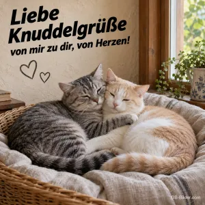 Zwei kuschelnde Katzen im Korb, Text: Liebe Knuddelgrüße von mir zu dir